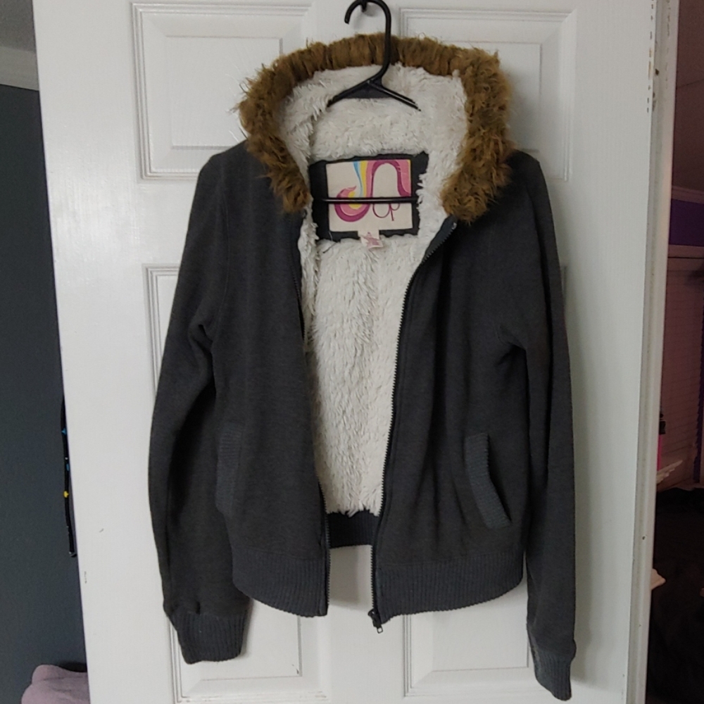 Gray Zip Up Jacket w/ Sherpa Fleece Lining & Faux Fur Hood * Size M * Pockets